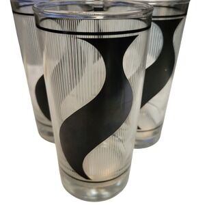 Anchor Hocking 1989 Vintage High Ball Tumbler Glass Set Black Abstract Swirl